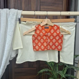 kurta pajama with orange printed jacket