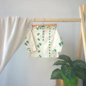 Cream Cotton Short Kurta with Green Leaf Print for Boys